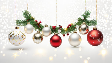 Charming Christmas Decorations Bokeh Lights Illuminate a Delightful Ambiance of Red Berries, Greenery, and Ornamented Holiday Elementsの素材