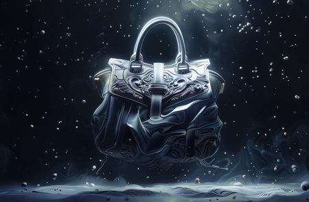 Jeweled Intricacy A Rare Black Handbag Suspended Above Waters Surfaceの素材