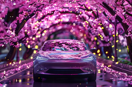 Enchanted Cherry Blossom Road A Futuristic Cars Journey Through Springs Radiant Canopyの素材