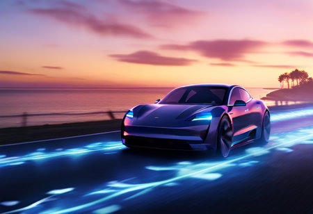 Introducing the Future of Luxury A Sleek Futuristic Car Drives Through Sunset Lamps on a Roadwardの素材