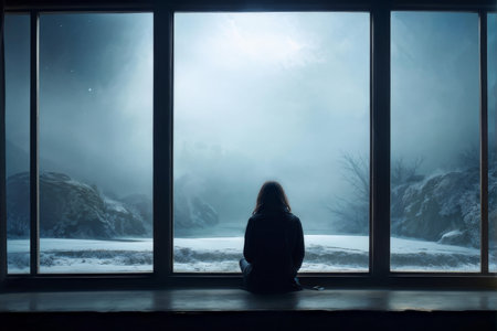 Girl sitting in front of the window and looking to the winter landscapeの素材