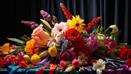 Seasonal Delights An Intriguing Composition of Flowers, Fruits, and Textiles in an Elegant Black Backgroundの素材