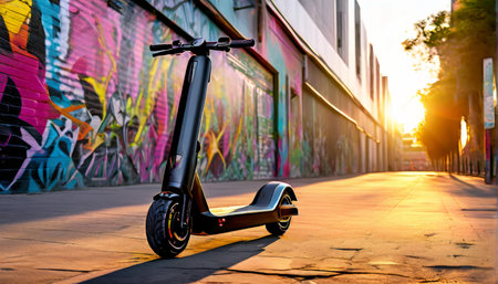 Sunset Graffiti Street Scene Black Scooter Dominates an Artistic Evening on a Desolate Avenueの素材