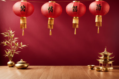 Jade Lantern Tea Set A Traditional Chinese Artwork Featuring Four Hanging Lanterns and a Precious Tea Collectionの素材