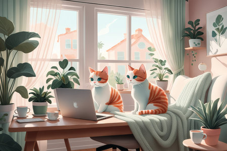 Calm and Cozy A Quiet Moment in the Living Room as Two Cats Gaze Intently at Laptops Amidst a Harmonious Home Interior Featuring Plants, Flowers, Couch, Pillows, Windows Showing Anの素材