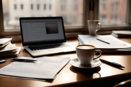 Shallow Focus Desk Scene Detailed Laptops, CoffeeTea Cups Amidst Soft Edged Papers and Documents Against Urban Windowscape Backgroundの素材