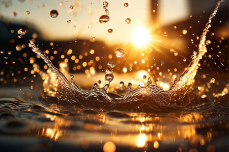 Viscous Flow, Splashing Motion, and Reflective Properties of Water An Exquisite Visual Representation Against a Dynamic Lighting Backgroundの素材