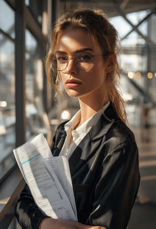 Serene Workspace A Young Woman in White Shirt and Black Leather Jacket Navigates Her Digital World Near Large Windowsの素材