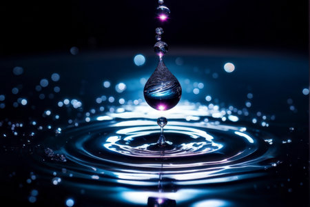 Starlit Drop A Chain of Small Drops Forming Above the Water as Illuminated by Light Reflections An Artistic Interpretation of Minimalismの素材