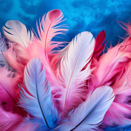 Beautiful color feathers on blue background, feather texture, closeupの素材