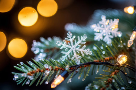 Snowflake Wonderland A Winter Holiday Composition Illuminated by Festive Lights and Water Dropletsの素材
