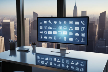 Modern Technology Usage Within Urban Metropolis Icons on Monitor Represent Professional Applications Amidst Skyscrapers at Sunsetの素材