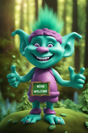 Cheerful Troll Greeting in Blurred Forest Background No Welcome Sign with Purple Eyes and Pink Nailsの素材