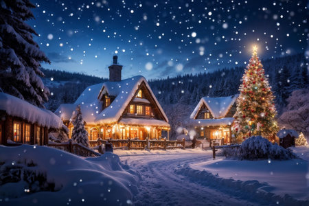 Chilled Comfort Amidst Winters Chill Captured Moments of Two Snowy Night Households Illuminated by Lightsの素材