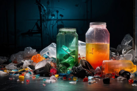 Trashy Scene An Ironing Board Breakdown Amidst Green Liquid, Orange Glass Jar, and Garbage Pileの素材