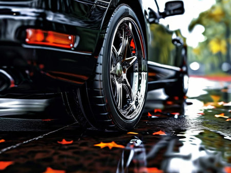Artistic Reflections on Wet Paved Roads A HighContrast Car Rear Wheel Photographの素材