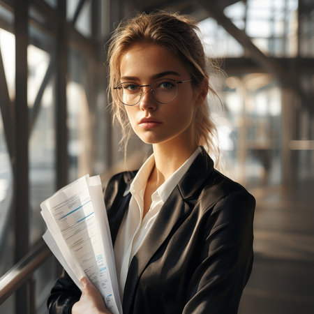 Modern Professional A Young Businesswoman in Office Setting Holding Papers and Looking Out the Windowの素材
