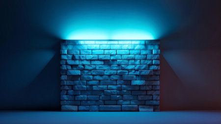 An Enigmatic Blue Light Illuminates an Ancient Brick Wall in a Cloaked Dark Roomの素材