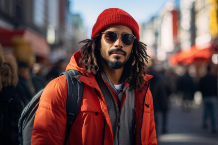 young handsome bearded hipster man with dreadlocks in red coat and hat walking on city streetの素材