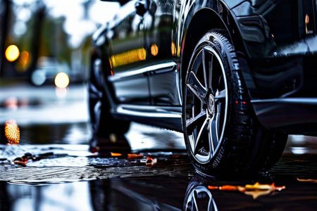 Blurred Reflections A Car Parked on the Street with Water Accumulating Around It and Blurry Lights in the Backgroundの素材