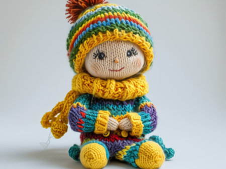 Adorable Knitted Doll Wearing Brightly Colored Clothing Seated on Plain Background with Hats, Scarfs, Gloves, Shoes, Buttons, and Coinsの素材