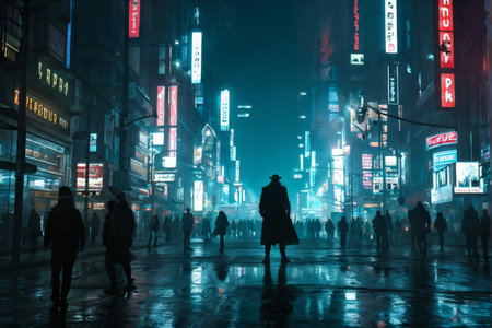 Neon Night Noir A Spectral Figure in Wet Streetscape Amidst Dazzling Neon Lights and Mysterious Atmosphereの素材