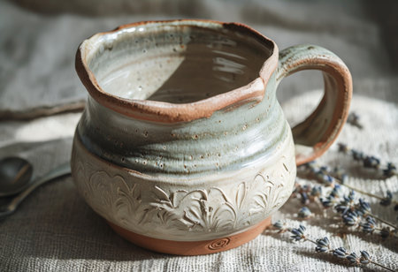 Floral Design and Floral Display A Ceramic Pitchers Intricate Embossing Over a Lavish Flower Arrangement in a Decorative Display Settingの素材