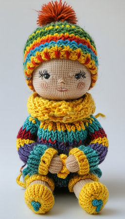 Vintage Doll A Childlike Figure in Multicolored Knitwear Wearing a Felted Woolen Hat and Plastic Eyesの素材