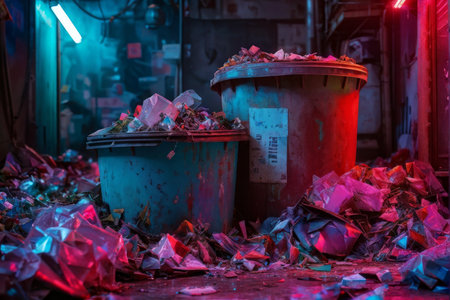 Ruined Ruins An Industrial Abandoned Warehouse Littered With Crushed Glass, Overflowing Trash Cans, and Dim Lighting A Dystopian Reflection of Urban Decay and Environmental Waste Mの素材