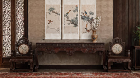 Interior of a living room with an antique table and two chairsの素材