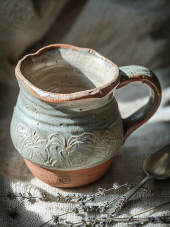 Ceramic jug and spoon with lavender on a linen clothの素材