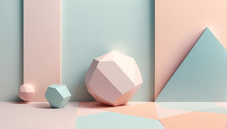 Abstract Geometric Harmony A Modern Artwork Featuring Pastel Colored Spheres, Cubes, Pyramids, and Minimalist Design Elements Against a Diverse Backgroundの素材