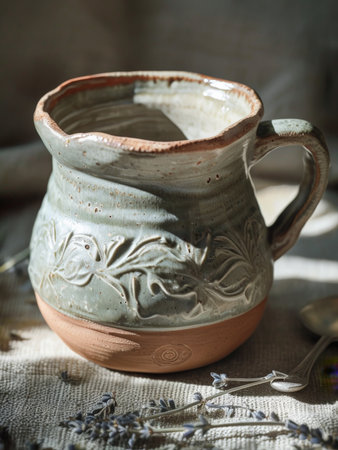 Vintage Ceramic Jug and Spoons Set A Tea Time Ambiance Featuring Floral Patterns and Scattered Flowersの素材
