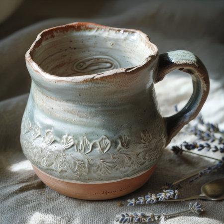 Blurred Focus Still Life A Ceramic Mugs Artistic Design Dominates Against Dried Lavender Flowers and Spoons in a Glimmering Grey Backgroundの素材