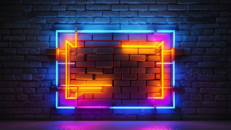 Brick Wall Enveloped in Neon A Modern Urban Contrast of Vibrant Colors and Dark Backgroundの素材