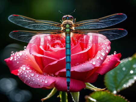 Dragonfly sitting on a pink rose with water droplets on itの素材