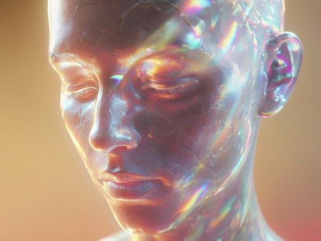 Radiant Realism A Warmly Colored Translucent Human Face Artwork With Detailed Features And Calm Facial Expressionsの素材