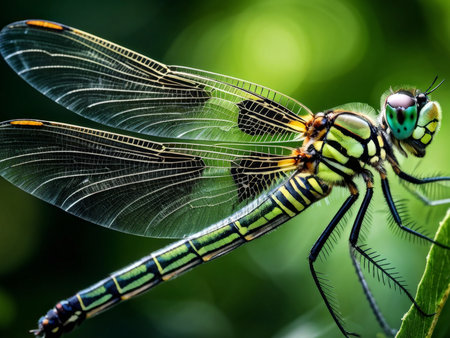 Dragonfly Perch Against Blurry Background Elongated Wings, Colorful Body, Large Eyes Amidst Bokeh Effectsの素材