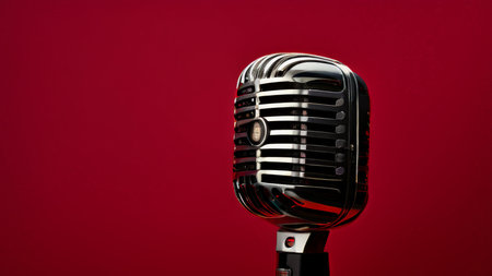 Vintage Jazz Microphone Against Red Background A Captivating Image Evoking the Golden Age of Sound Recordingの素材