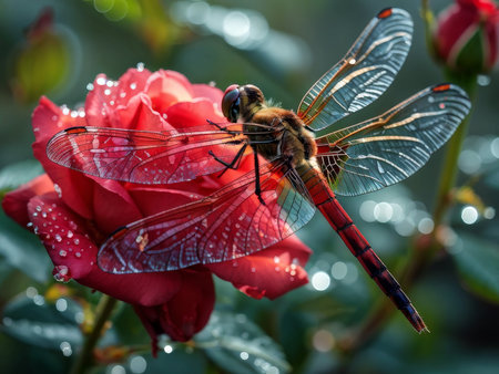 Sharp Focus on a Dragonfly Perch A Rose with Dew in Bokeh Backgroundの素材