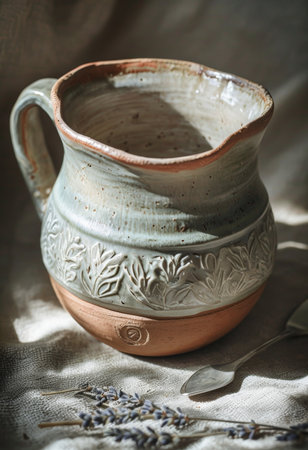 A Lavish Dining Set A Blue Pot, Cream Bowl, and Grey Cloth Enveloped in Sunlight Perfect for Your Next Feastの素材