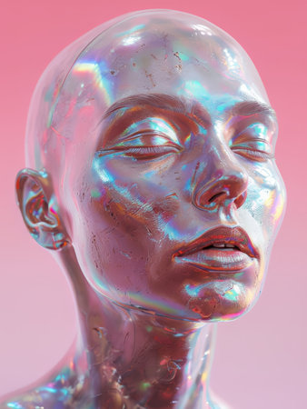 Metaphorical Reflections An Iridescent Metallic Sculpture of a Womans Face Set against a Pink Backgroundの素材