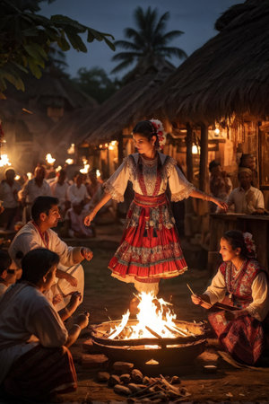 Fire Ceremony Three Women and Two Men in Traditional Ethnic Dress Gather Around ThatchedHut Festival Scene with Woman Standing on Fire as Demonstrationの素材