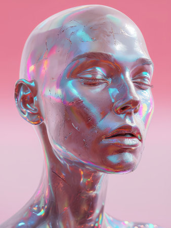 3d rendering of a female robot face in blue and pink backgroundの素材