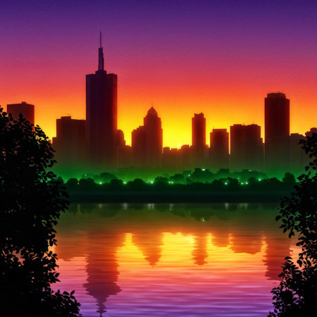 City Lights Reflections A Tranquil Nightscapes Captured in Vibrant Colorsの素材