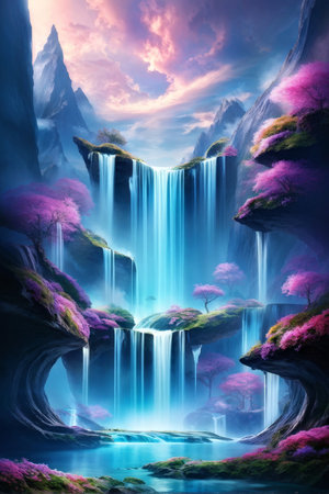 Whispers of Pink A Stunning Artists Rendering of a Cascading Waterfall Through Vibrant Treesの素材