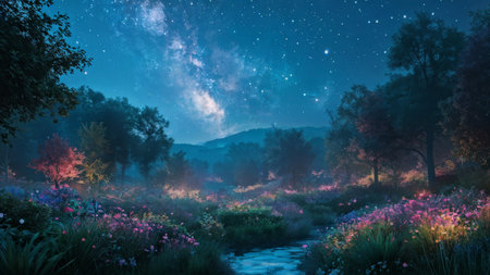 Night Sky Illusion Glowing Bushes, Starry Skies, and Moonlit Water Amidst Verdant Trees and Flowersの素材