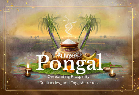 Happy Pongal banner design template. Pongal is the name of a tropical island in the Indian state of Kerala.の素材