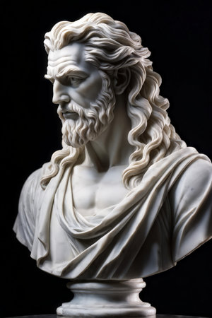 Masterful Craftsmanship A Detailed Analysis of a Sculpture Featuring an Old Man with Long Wavy Hair Carved from Marble or White Stoneの素材