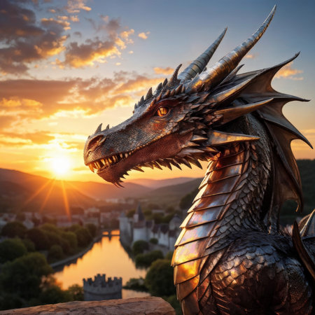 Enchanting Sunset Over Serene River A Majestic Metallic Dragon Statue in Fantasylandの素材